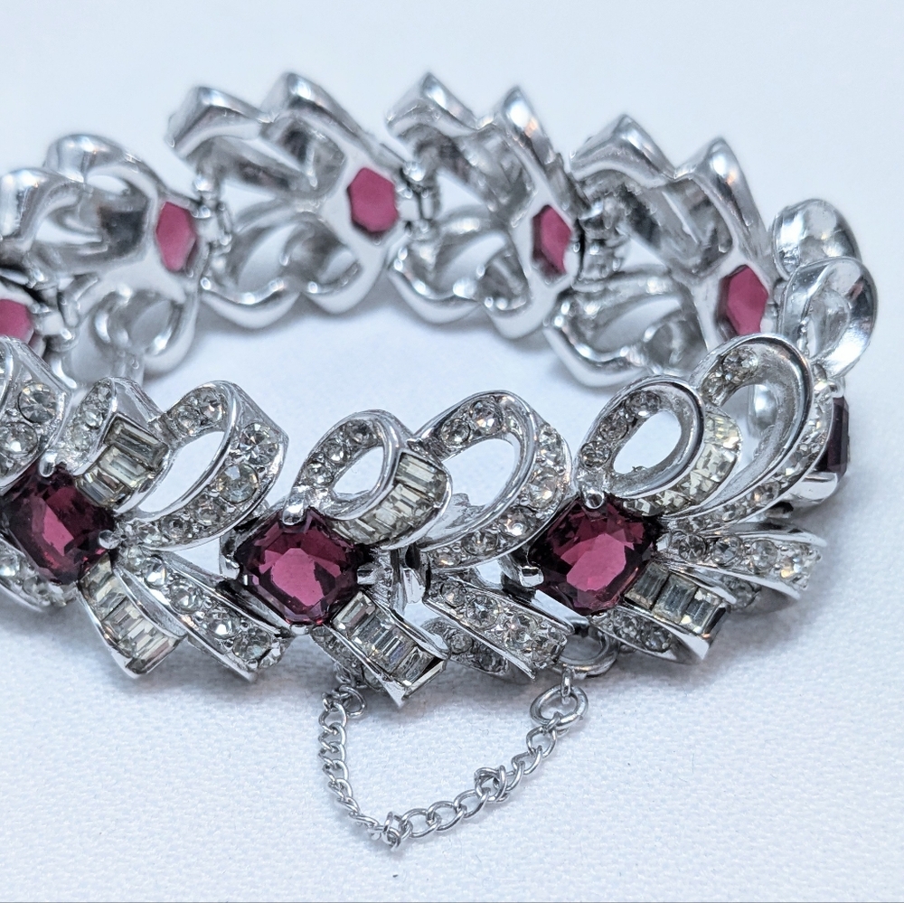 Vintage Marcel Boucher Ruby Coloured Glass Rhodium Plated Bracelet - Picture 5 of 13